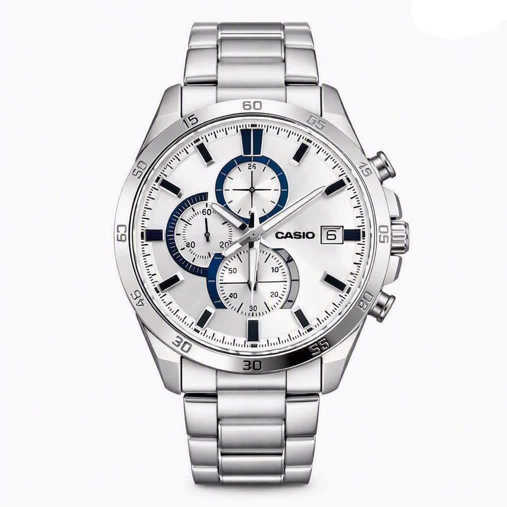 ساعت مچی مردانه کاسیو ادیفایس سه زمانه CASIO EDIFICE نقره ای سفید + جعبه