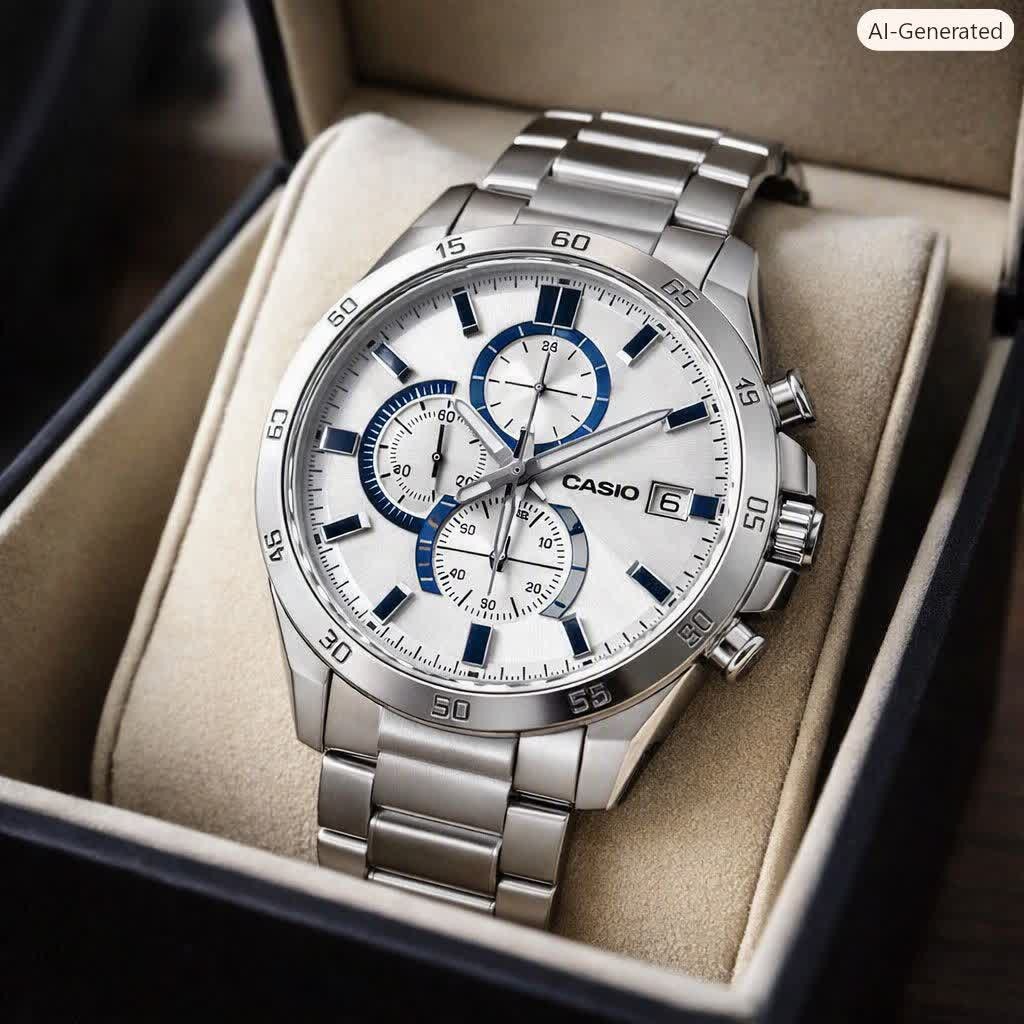 ساعت مچی مردانه کاسیو ادیفایس سه زمانه CASIO EDIFICE نقره ای سفید + جعبه