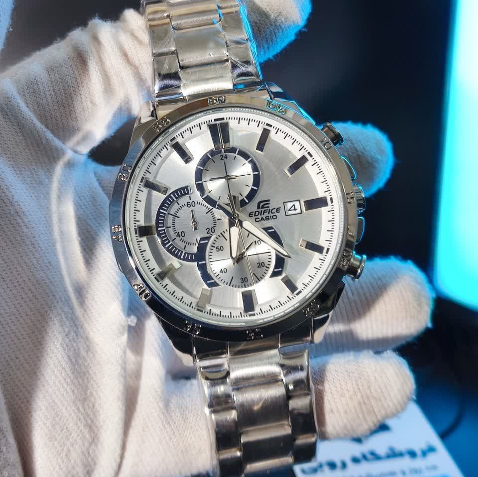 ساعت مچی مردانه کاسیو ادیفایس سه زمانه CASIO EDIFICE نقره ای سفید + جعبه