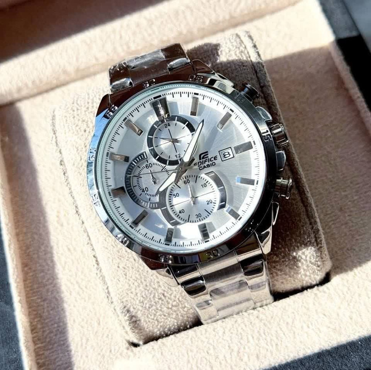 ساعت مچی مردانه کاسیو ادیفایس سه زمانه CASIO EDIFICE نقره ای سفید + جعبه