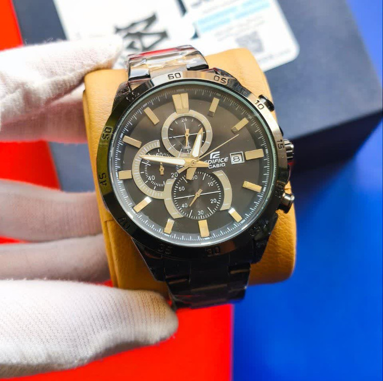 ساعت مچی مردانه کاسیو ادیفایس سه زمانه CASIO EDIFICE فول بلک+ جعبه