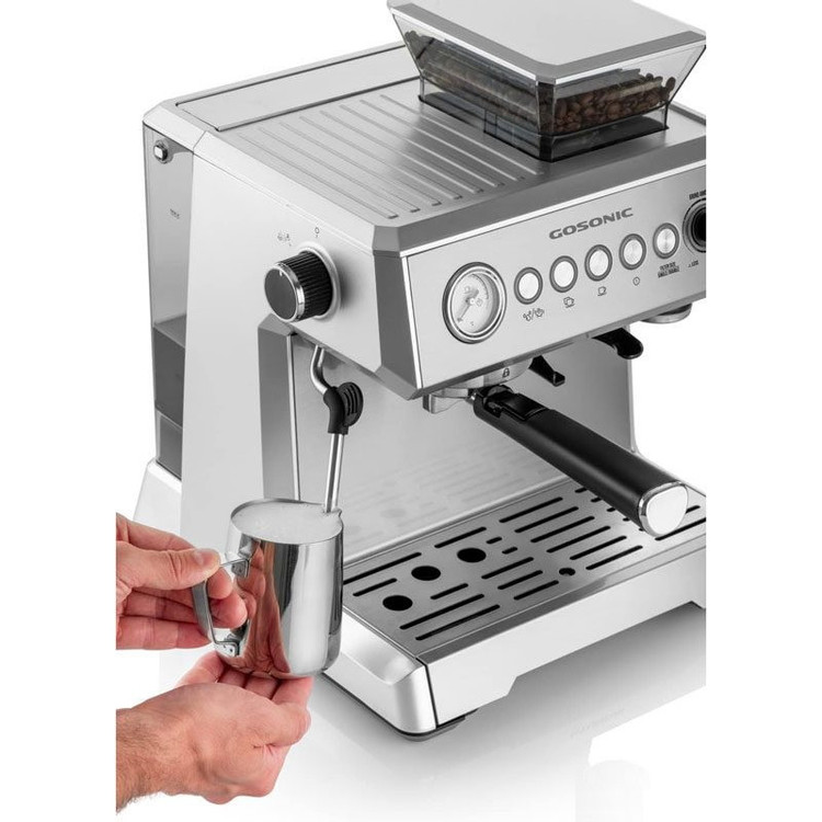 اسپرسوساز 2300 میلیلیتری گوسونیک مدل GEM-880، با مصرف دانه قهوه، مناسب تهیه اسپرسو، کافه لاته، کاپوچینو، ماکیاتو و امریکانو، دارای 1 عدد نازل قهوه، سیستم گرم کردن فنجان، مکانیزم نظافت خودکار، سینی چکهگیر، تنظیم میزان بخاردهی