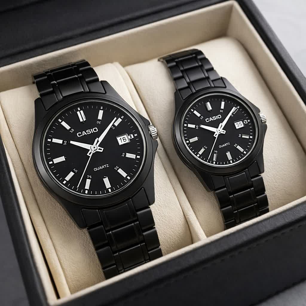 ست ساعت مچی زنانه و مردانه کاسیو CASIO فول بلک کدc35 + جعبه