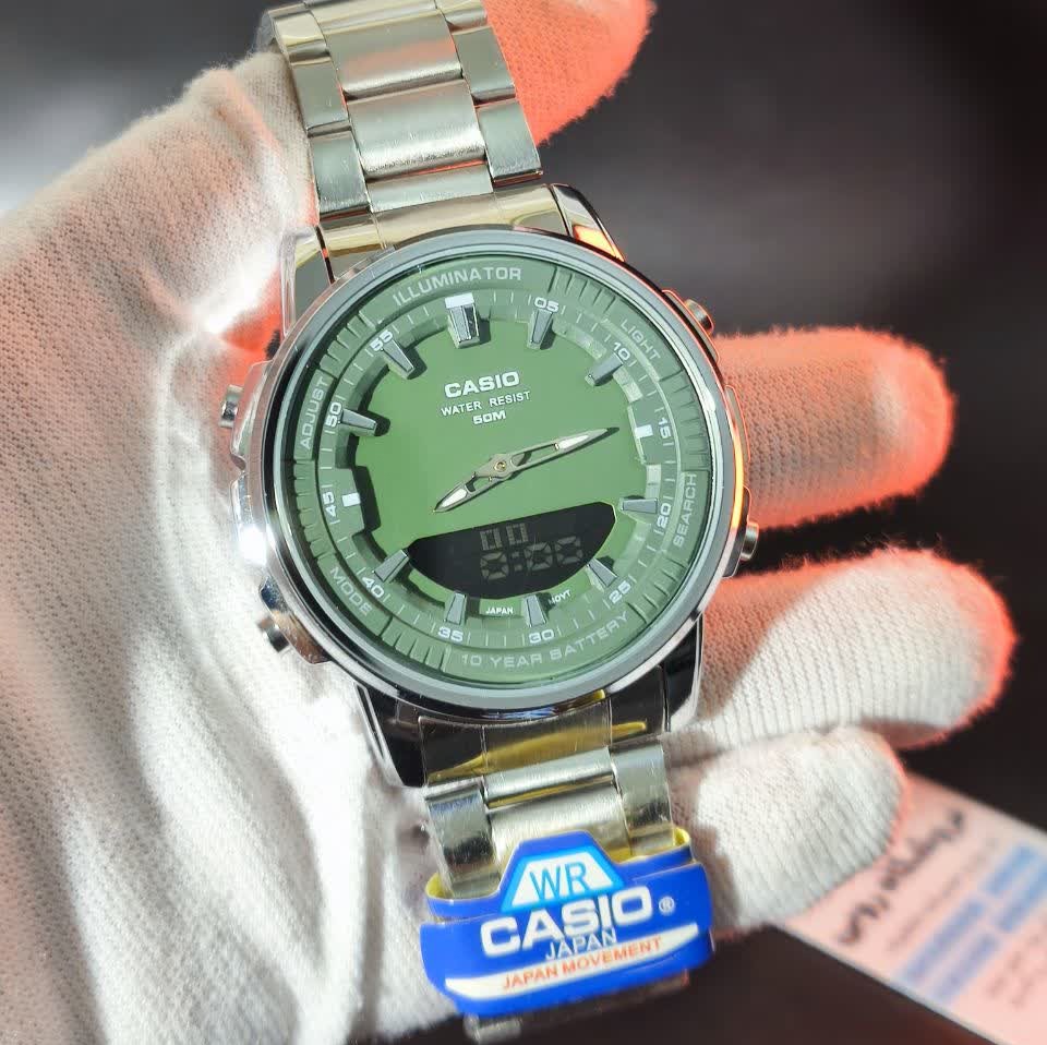 ساعت مچی عقربه ای و دیجیتال کاسیو CASIO صفحه سبز + جعبه