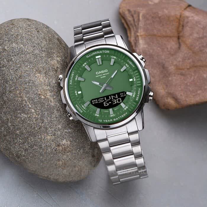 ساعت مچی عقربه ای و دیجیتال کاسیو CASIO صفحه سبز + جعبه