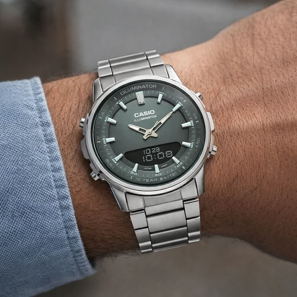 ساعت مچی عقربه ای و دیجیتال کاسیو CASIO صفحه سبز + جعبه
