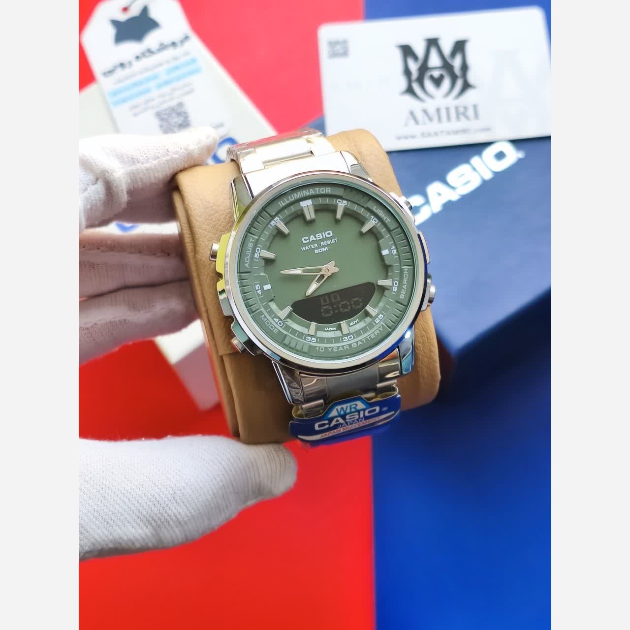 ساعت مچی عقربه ای و دیجیتال کاسیو CASIO صفحه سبز + جعبه