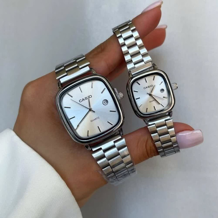 ست ساعت مچی مردانه و زنانه کاسیو اولدمانی CASIO موتور ژاپن صفحه تمام نقره ای
