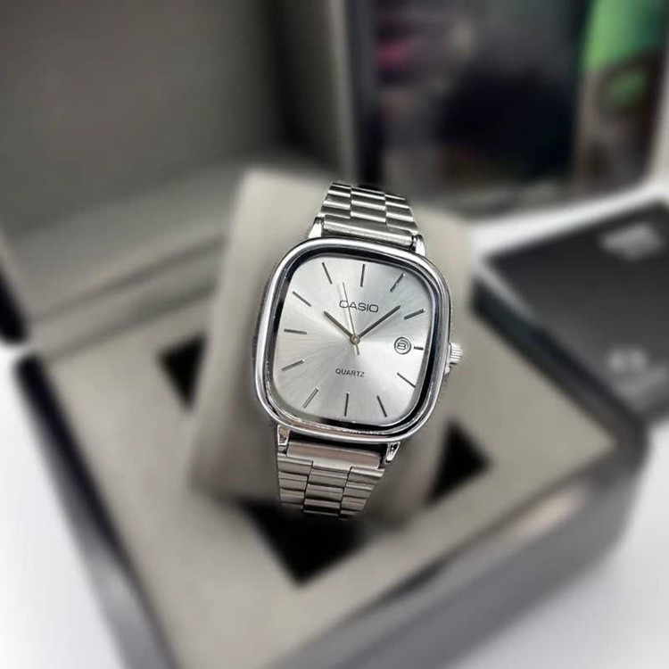 ست ساعت مچی مردانه و زنانه کاسیو اولدمانی CASIO موتور ژاپن صفحه تمام نقره ای